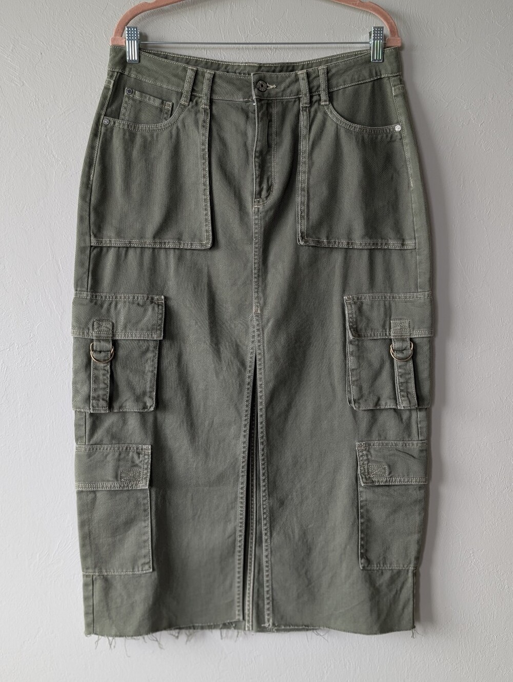 Gemma Rae Olive Green Cargo Midi Skirt Front Slit Size 11/30 Unfinished Hem
